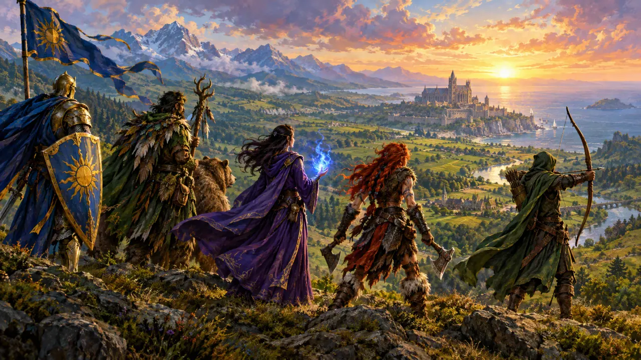 Adventurers overlook Mythria’s mountains, forests, and cities.