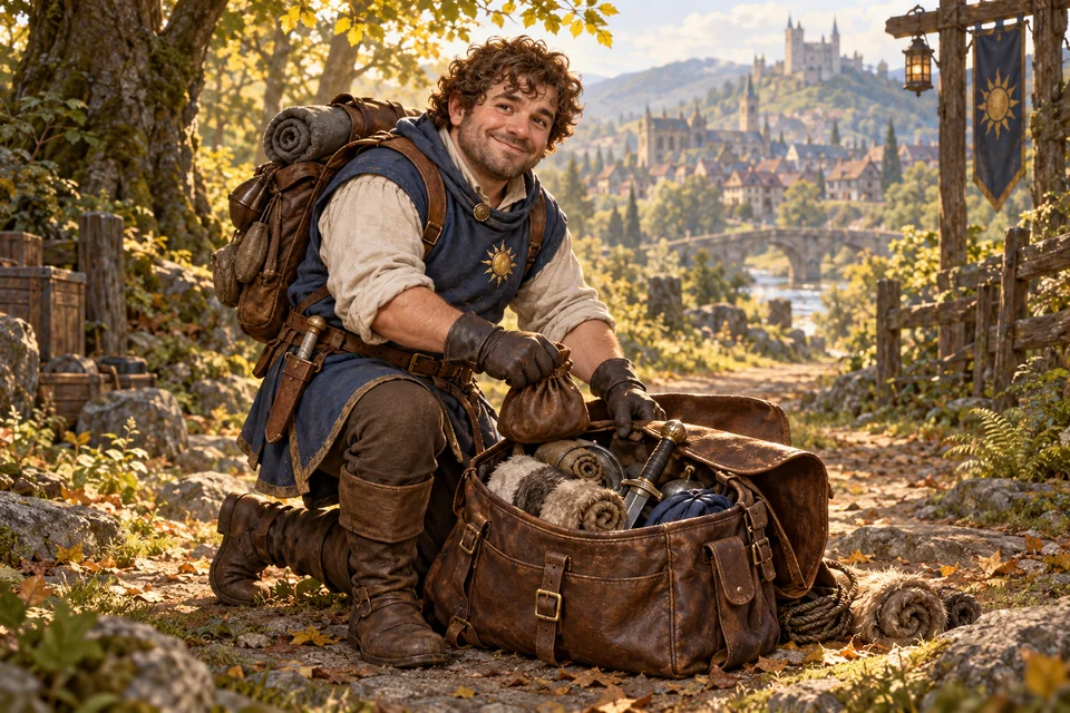 Concept of a cheerful loot squire packing recovered goods and hides into a satchel.
